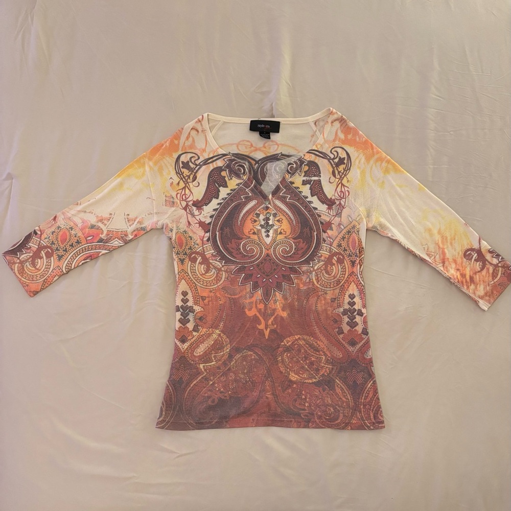 Early 2000’s Style & Co. Women's Orange and Brown Long Sleeve Top